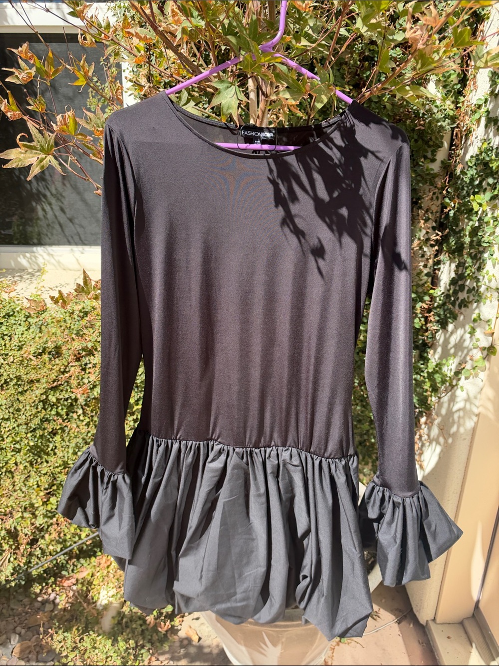 Fashion Nova Black Ruffle-Hem Mini Dress with Flared Cuffs